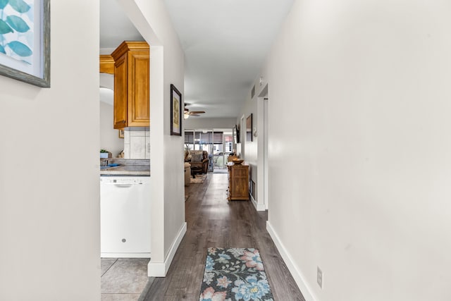 hallway featuring dark wood-type flooring