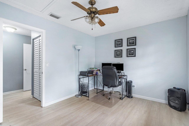 home office featuring ceiling fan, a textured ceiling, and light hardwood / wood-style flooring