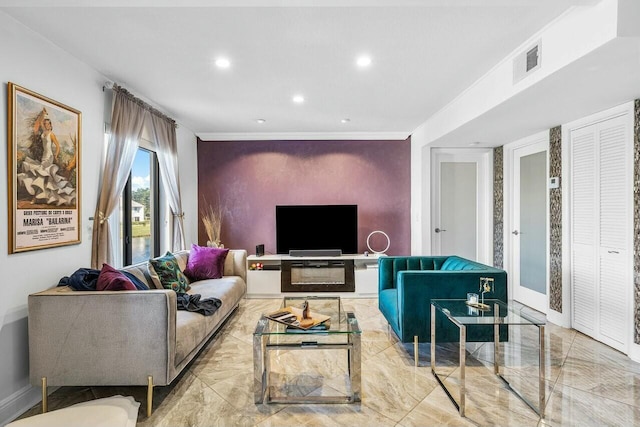 living room with crown molding