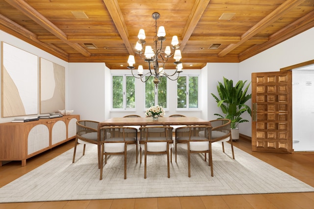 dining room featuring wooden ceiling, beam ceiling, an inviting chandelier, and light hardwood / wood-style flooring