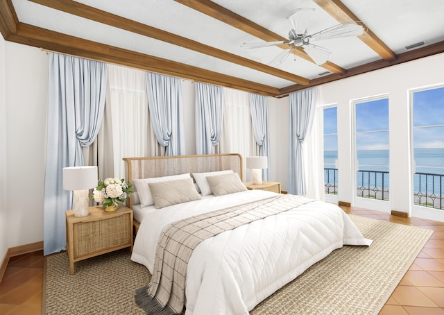 bedroom with beamed ceiling, a water view, ceiling fan, tile patterned floors, and access to outside