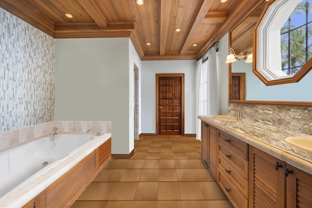 bathroom featuring tile patterned floors, a tub, wooden ceiling, vanity, and beam ceiling