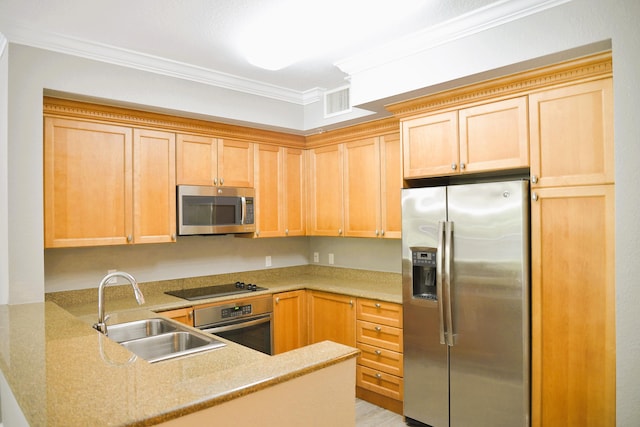 kitchen featuring kitchen peninsula, appliances with stainless steel finishes, sink, and crown molding