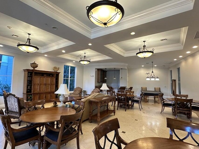 dining room with ornamental molding, a raised ceiling, and coffered ceiling