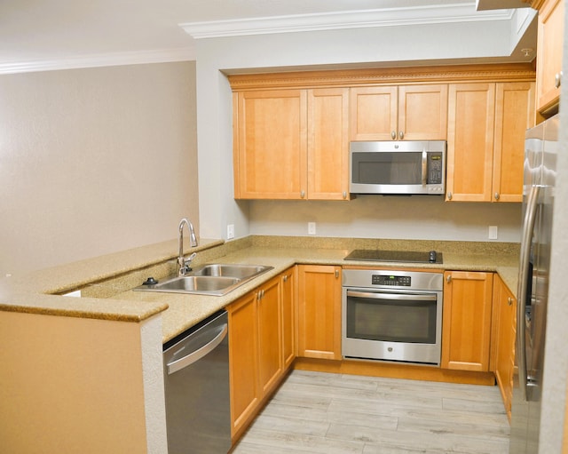 kitchen featuring ornamental molding, stainless steel appliances, light wood-type flooring, sink, and kitchen peninsula