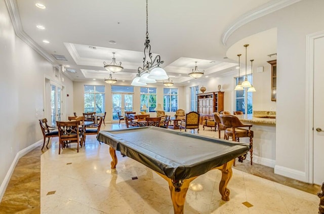 recreation room featuring a raised ceiling, pool table, and ornamental molding