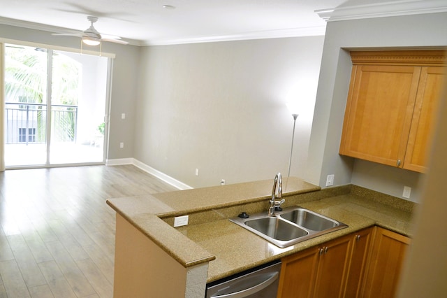 kitchen featuring sink, ornamental molding, ceiling fan, stainless steel dishwasher, and light hardwood / wood-style flooring