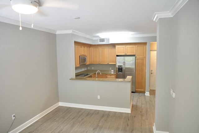 kitchen with ornamental molding, light wood-type flooring, appliances with stainless steel finishes, sink, and kitchen peninsula