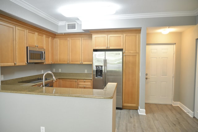 kitchen with kitchen peninsula, appliances with stainless steel finishes, light stone counters, crown molding, and light wood-type flooring