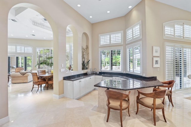 kitchen featuring a healthy amount of sunlight, kitchen peninsula, and a towering ceiling