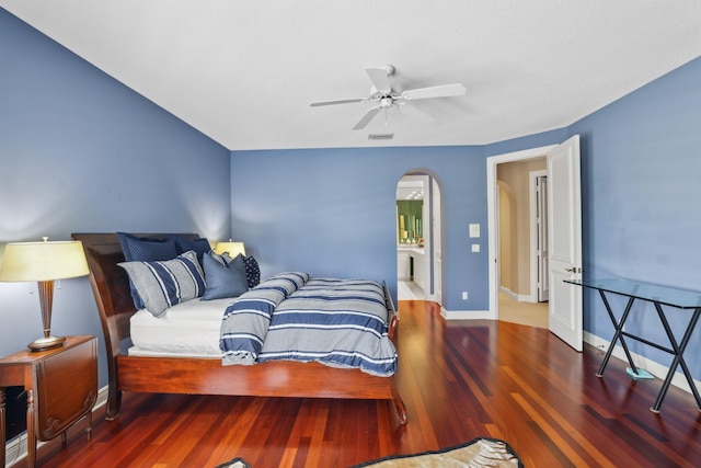 bedroom with hardwood / wood-style flooring and ceiling fan