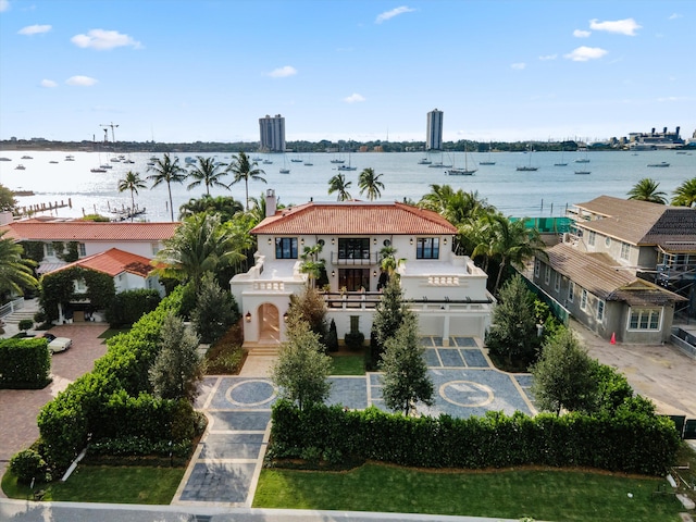 drone / aerial view with a water view