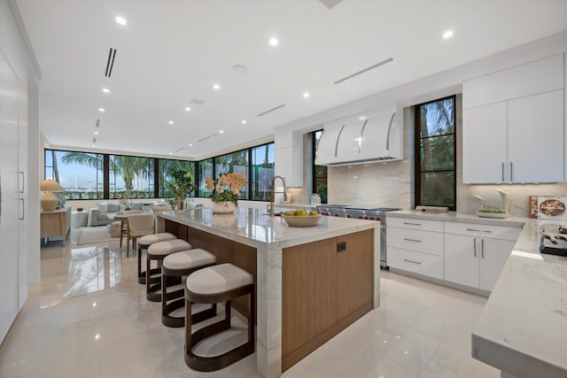 kitchen with white cabinets, light stone countertops, a center island with sink, and tasteful backsplash