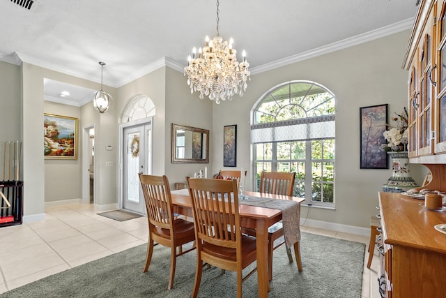 tiled dining room featuring a chandelier and crown molding