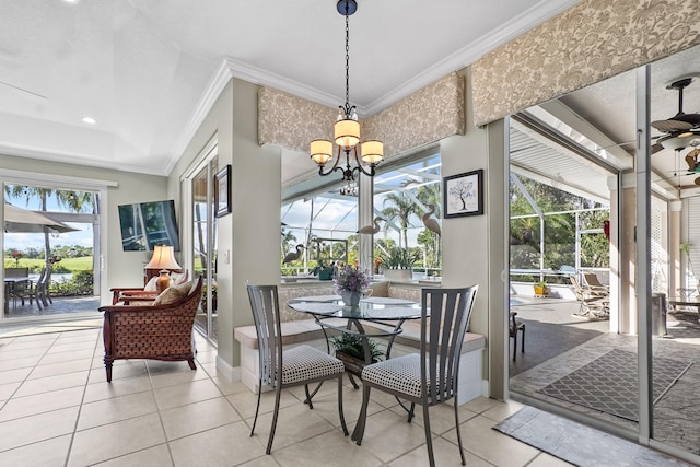 dining area with crown molding, light tile patterned floors, a sunroom, baseboards, and ceiling fan with notable chandelier