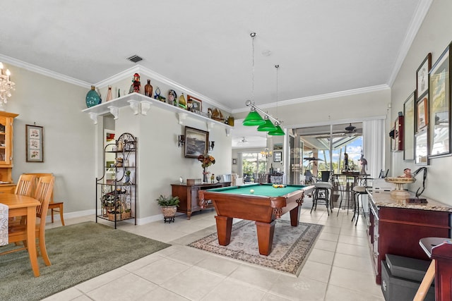 rec room with light tile patterned floors, visible vents, ceiling fan, pool table, and crown molding