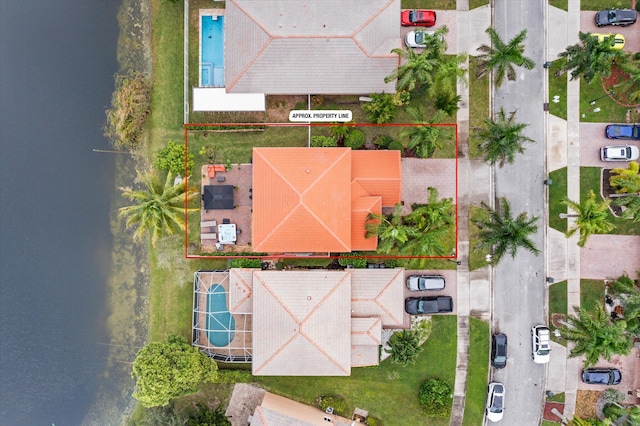 aerial view featuring a water view