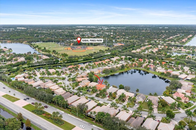 aerial view featuring a water view