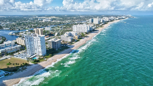 aerial view with a water view and a view of the beach