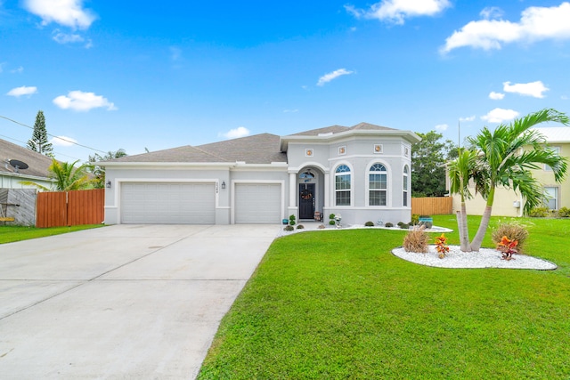 mediterranean / spanish house with a garage and a front yard