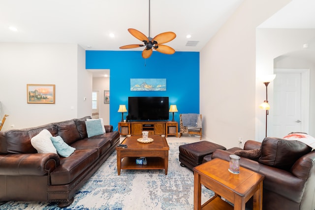 living room with ceiling fan