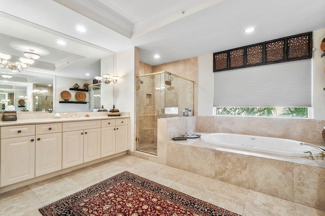 bathroom featuring independent shower and bath, vanity, and crown molding