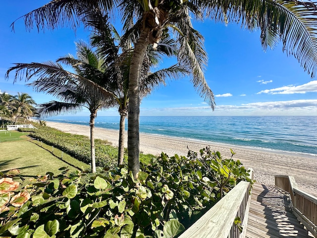 view of water feature with a beach view