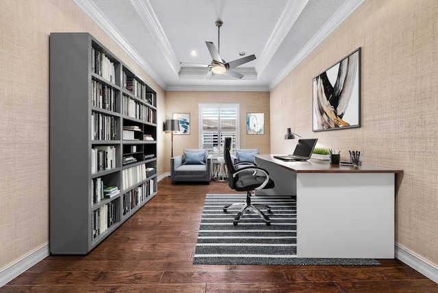 office area with a textured ceiling, dark hardwood / wood-style floors, ceiling fan, and ornamental molding