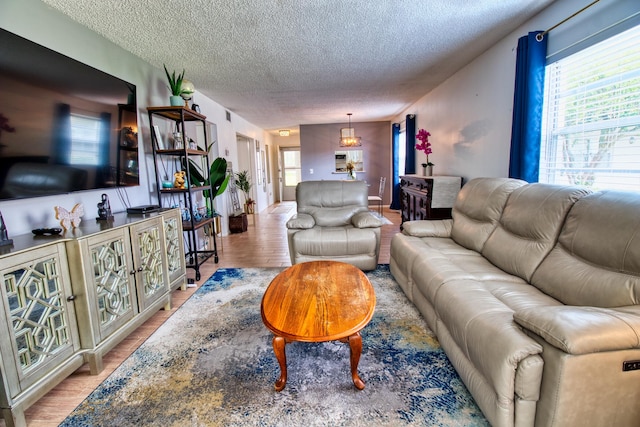 living room with light wood-type flooring and a textured ceiling