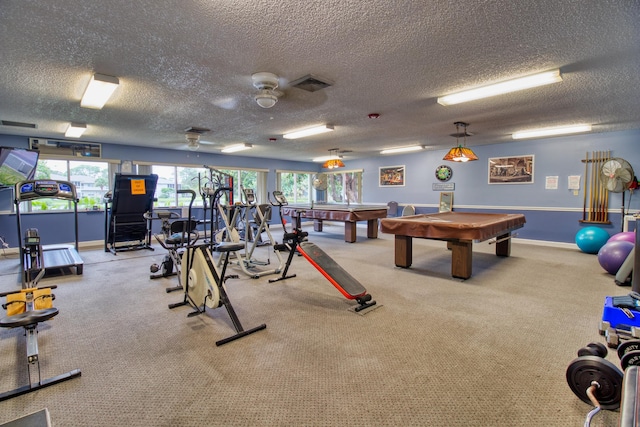 gym with carpet flooring and ceiling fan