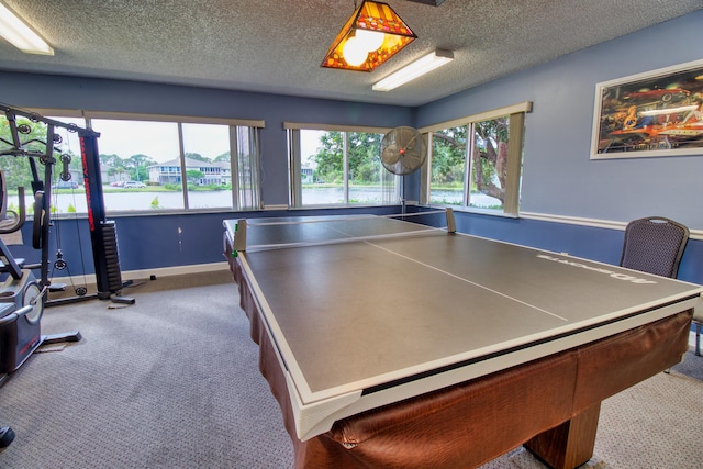 rec room featuring a textured ceiling and carpet flooring