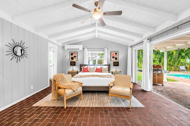 bedroom featuring wood walls, a wall mounted AC, vaulted ceiling with beams, and ceiling fan