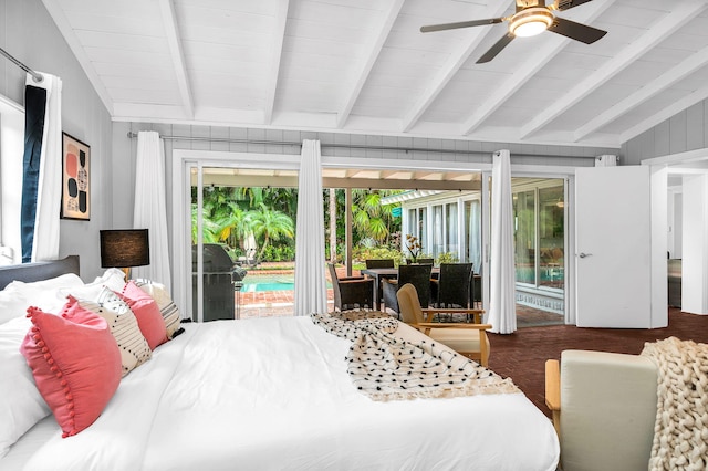 bedroom with access to exterior, vaulted ceiling with beams, dark hardwood / wood-style floors, and ceiling fan