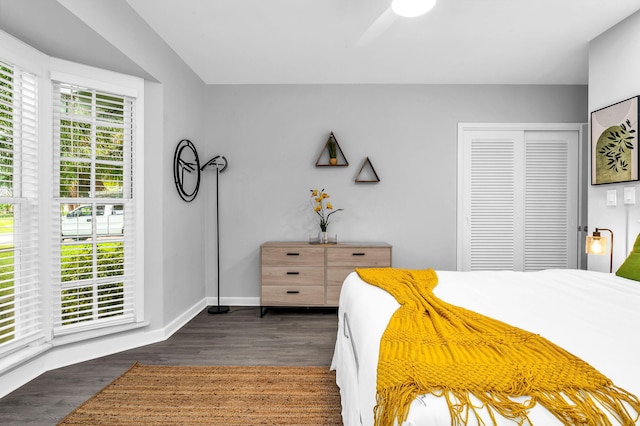 bedroom with dark wood-type flooring, multiple windows, and a closet