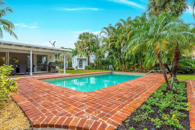 view of swimming pool with a patio and grilling area