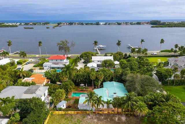 bird's eye view with a water view