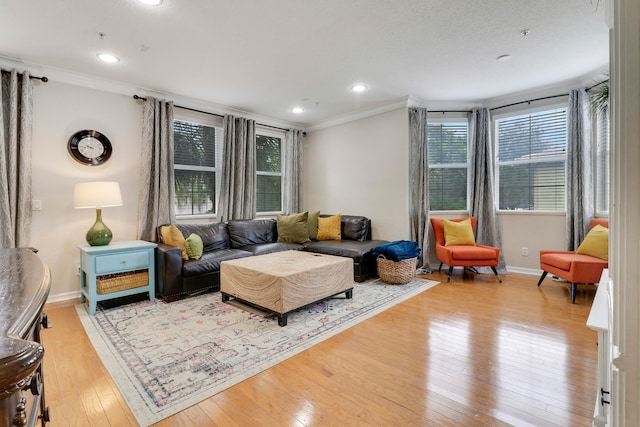 living room featuring plenty of natural light, light hardwood / wood-style flooring, and crown molding