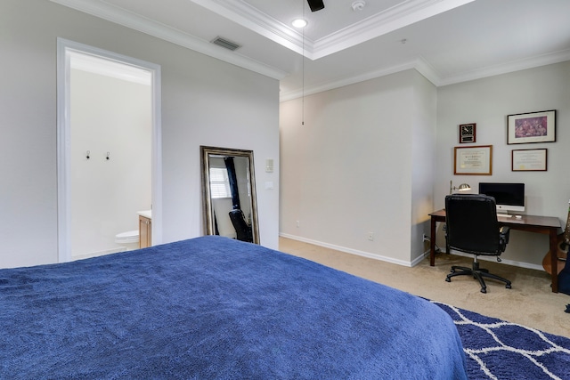 carpeted bedroom with connected bathroom, ceiling fan, and crown molding