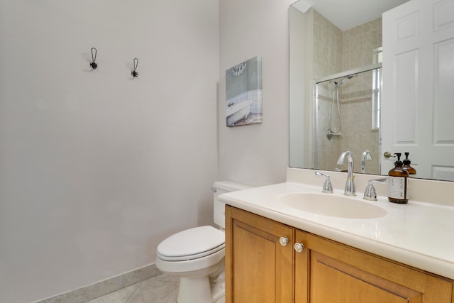 bathroom with toilet, walk in shower, tile patterned floors, and vanity