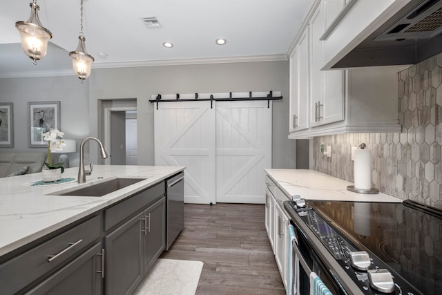 kitchen featuring ventilation hood, stainless steel appliances, sink, a barn door, and white cabinets