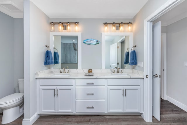 bathroom featuring toilet, vanity, and hardwood / wood-style flooring