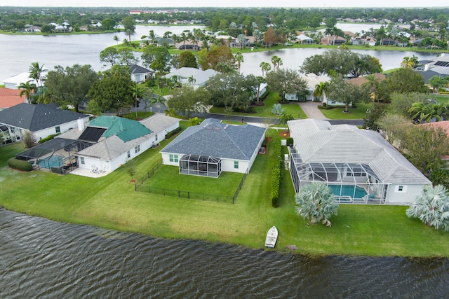 aerial view featuring a water view