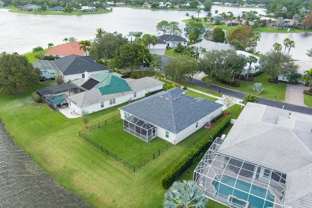 drone / aerial view featuring a water view