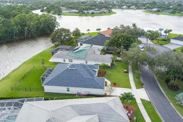 aerial view featuring a water view