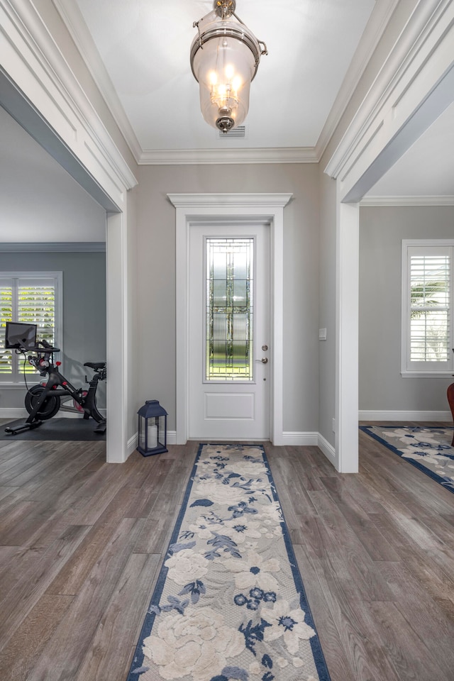 foyer entrance with ornamental molding, a healthy amount of sunlight, and wood-type flooring