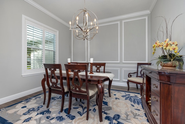 dining room with wood-type flooring, a healthy amount of sunlight, and ornamental molding