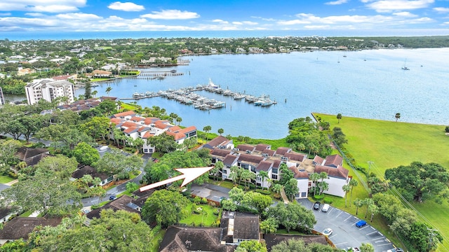 drone / aerial view featuring a water view