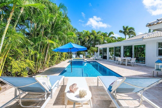 view of swimming pool with an in ground hot tub and a patio area