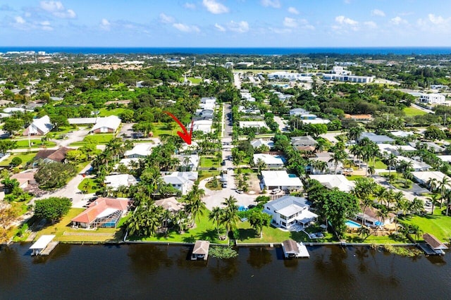 bird's eye view with a water view