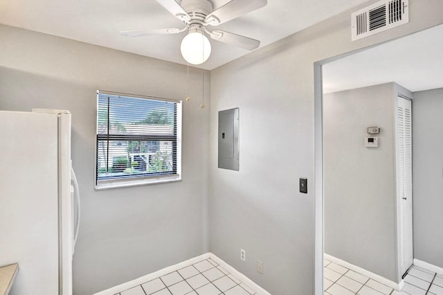 clothes washing area featuring electric panel, ceiling fan, and light tile patterned floors